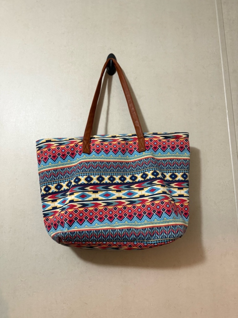 Boho Aztec Print Large Tote Bag Faux Leather Straps 19x13”